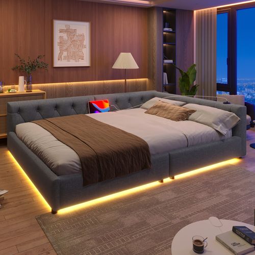 Lit 140x200 Cm Avec LED,usb Et Sommier Gris