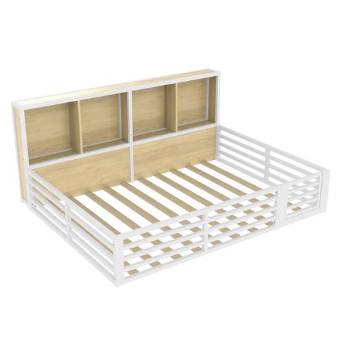 Lit Enfant 140 X 200cm Avec Tête De Lit Et Barrière De Sécurité Avec Rangement Blanc