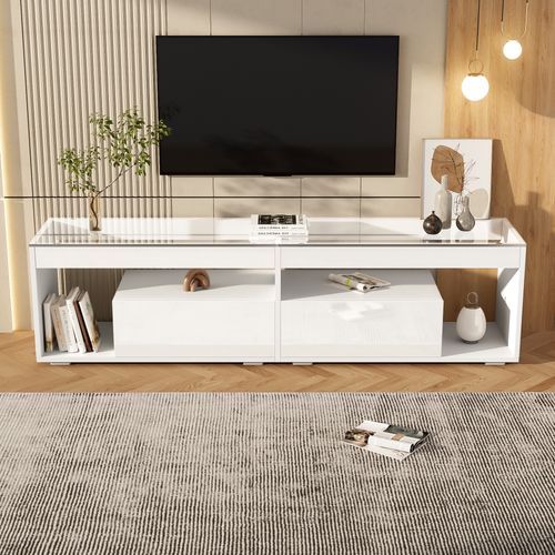 Meuble TV L.180 Cm Avec LED, 2 Tiorirs Et 2 Niches Blanc
