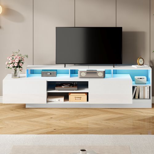 Meuble TV L.190 Cm Avec LED, 2 Tiorirs Et 5 Niches Blanc