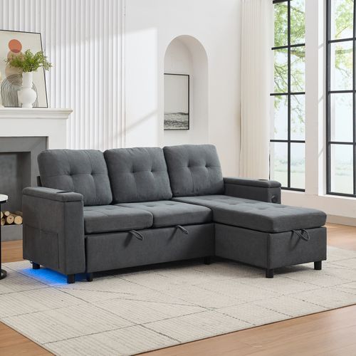 Canapé Angle Convertible Avec LED, USB, 2 Porte-gobelets Et Espace De Rangement Gris