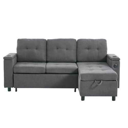 Canapé Angle Convertible Avec LED, USB, 2 Porte-gobelets Et Espace De Rangement Gris