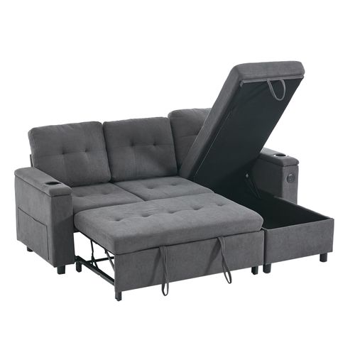 Canapé Angle Convertible Avec LED, USB, 2 Porte-gobelets Et Espace De Rangement Gris