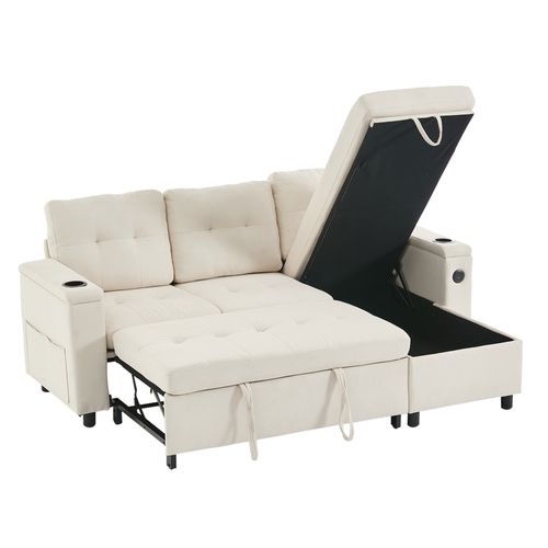 Canapé Angle Convertible Avec LED, USB, 2 Porte-gobelets Et Espace De Rangement Beige