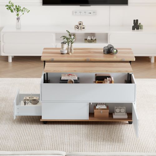 Table Basse Avec 1 Tiroir, 1 Porte, 2 Niches Et Bureau Réglable En Hauteur Blanc