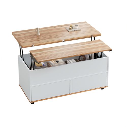 Table Basse Avec 1 Tiroir, 1 Porte, 2 Niches Et Bureau Réglable En Hauteur Blanc