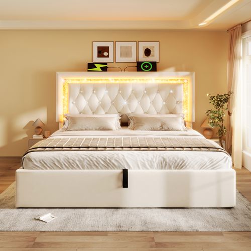 Lit Coffre 160x200 Cm Velours Avec Tête De Lit LED à Bande Diamant, USB et Type-c Et Sommier Beige