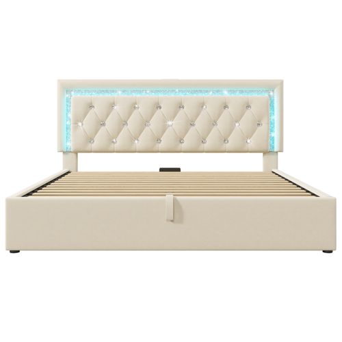 Lit Coffre 160x200 Cm Velours Avec Tête De Lit LED à Bande Diamant, USB et Type-c Et Sommier Beige