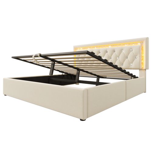 Lit Coffre 180x200 Cm Velours Avec Tête De Lit LED à Bande Diamant, USB et Type-c Et Sommier Beige