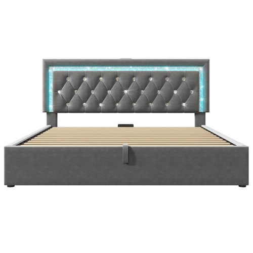 Lit Coffre 140x200 Cm En Velours Avec Tête De Lit LED à Bande Diamant, USB Et Type-c Et Sommier Gris