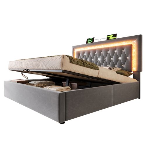 Lit Coffre 160x200 Cm En Velours Avec Tête De Lit LED à Bande Diamant, USB Et Type-c Et Sommier Gris