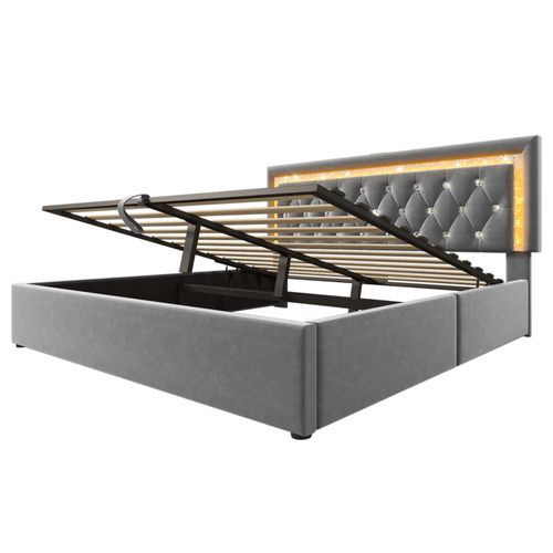 Lit Coffre 160x200 Cm En Velours Avec Tête De Lit LED à Bande Diamant, USB Et Type-c Et Sommier Gris
