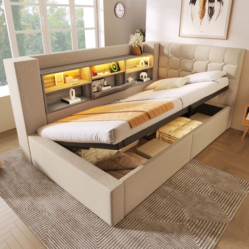 Lit Coffre 90x190 Cm Avec LED, Tête De Lit En Forme De L Avec Rangement Lin Beige