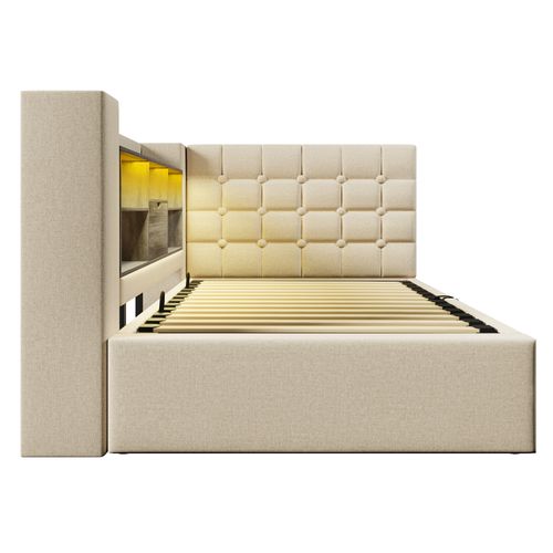 Lit Coffre 90x190 Cm Avec LED, Tête De Lit En Forme De L Avec Rangement Lin Beige