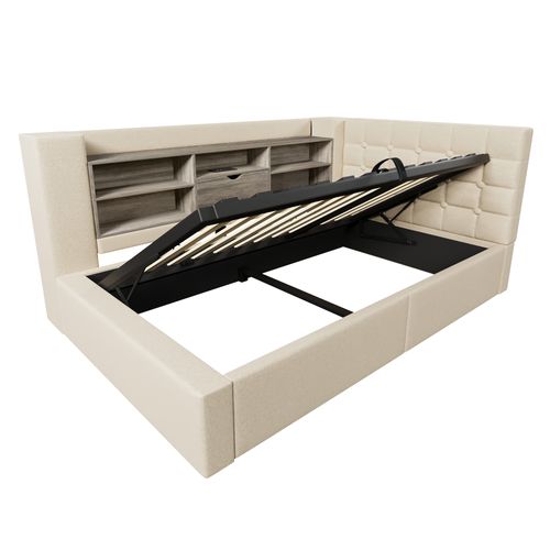 Lit Coffre 90x190 Cm Avec LED, Tête De Lit En Forme De L Avec Rangement Lin Beige