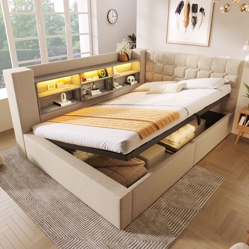 Lit Coffre 140x190 Cm Avec LED, Tête De Lit En Forme De L Avec Rangement Lin Beige