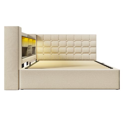Lit Coffre 140x190 Cm Avec LED, Tête De Lit En Forme De L Avec Rangement Lin Beige