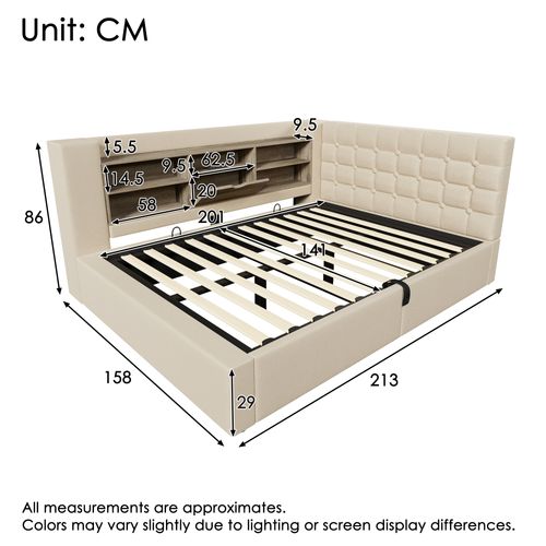 Lit Coffre 140x200 Cm Avec LED, Tête De Lit En Forme De L Avec Rangement Lin Beige