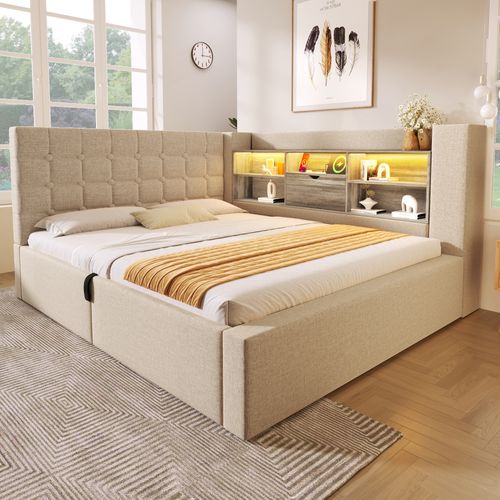 Lit Coffre 140x200 Cm Avec LED, Tête De Lit En Forme De L Avec Rangement Lin Beige