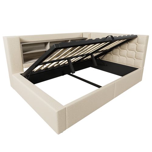 Lit Coffre 140x200 Cm Avec LED, Tête De Lit En Forme De L Avec Rangement Lin Beige