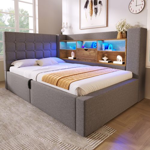 Lit Coffre 90x190 Cm Avec LED, Tête De Lit En Forme De L Avec Rangement Lin Gris