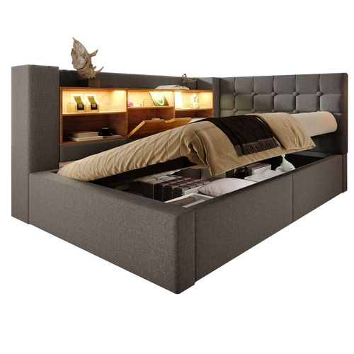 Lit Coffre 90x190 Cm Avec LED, Tête De Lit En Forme De L Avec Rangement Lin Gris