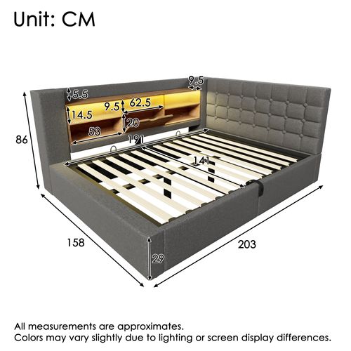 Lit Coffre 140x190 Cm Avec LED, Tête De Lit En Forme De L Avec Rangement Lin Gris