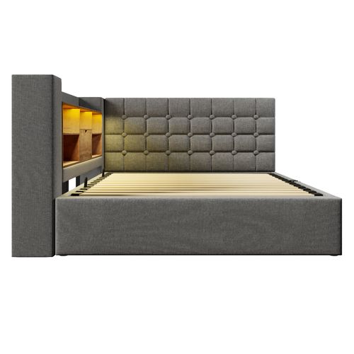 Lit Coffre 140x190 Cm Avec LED, Tête De Lit En Forme De L Avec Rangement Lin Gris