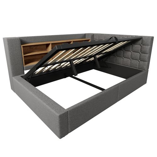 Lit Coffre 140x190 Cm Avec LED, Tête De Lit En Forme De L Avec Rangement Lin Gris