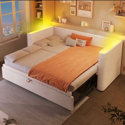 Lit Gigogne 90x200 Cm Avec LED Et Sommier Velours Beige