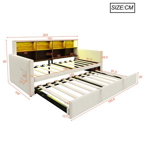 Lit Gigogne 90x190 Cm Avec LED, USB Et 8 Niches Velours Beige