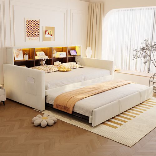 Lit Gigogne 90x190 Cm Avec LED, USB Et 8 Niches Velours Beige