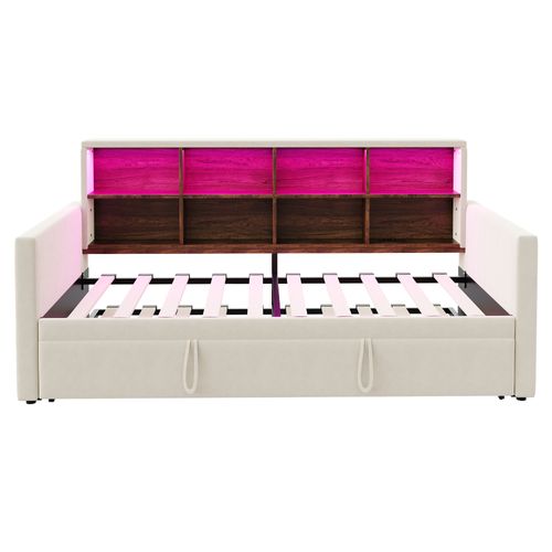 Lit Gigogne 90x190 Cm Avec LED, USB Et 8 Niches Velours Beige