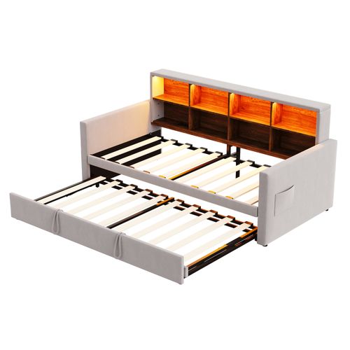 Lit Gigogne 90x190 Cm Avec LED, USB Et 8 Niches Velours Gris Clair