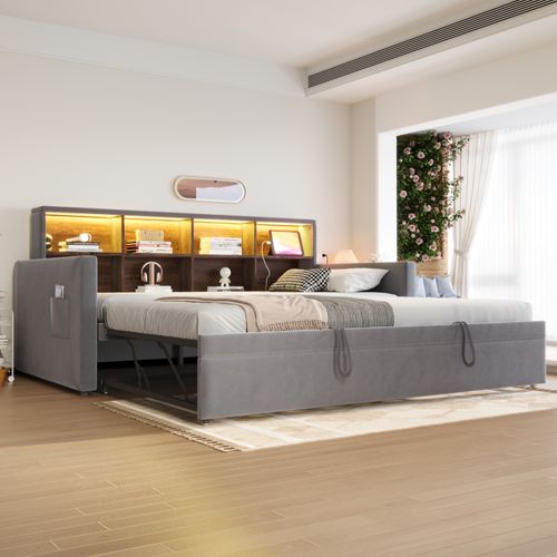 Lit Gigogne 90x190 Cm Avec LED, USB Et 8 Niches Velours Gris