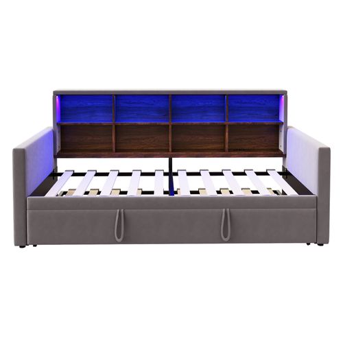 Lit Gigogne 90x190 Cm Avec LED, USB Et 8 Niches Velours Gris