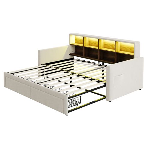 Lit Gigogne 90x190 Cm Avec LED, USB, 2 Tiroirs Et 8 Niches Velours Beige