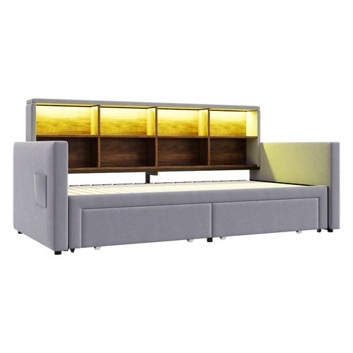 Lit Gigogne 90x190 Cm Avec LED, USB, 2 Tiroirs Et 8 Niches Velours Gris Clair