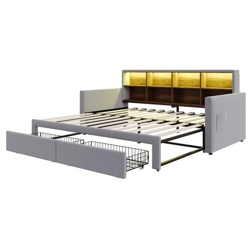 Lit Gigogne 90x190 Cm Avec LED, USB, 2 Tiroirs Et 8 Niches Velours Gris Clair