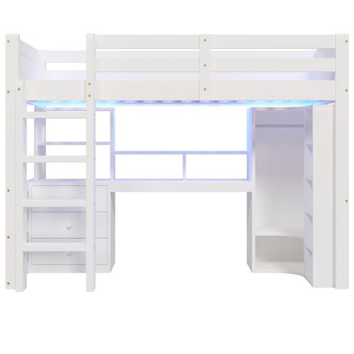 Lit Mezzanine 90x200 Cm Avec LED, 3 Tiroirs, Armoire Et Étagères à Plusieurs Niveaux Blanc