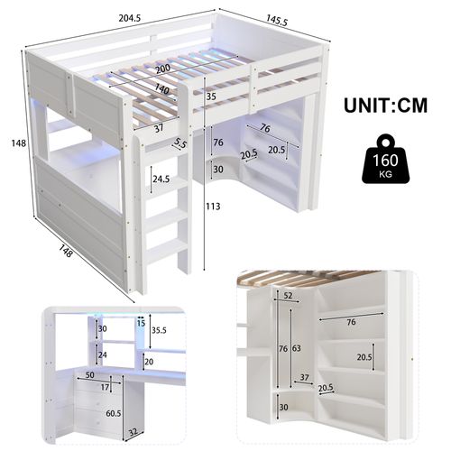Lit Mezzanine 140x200 Cm Avec LED, 3 Tiroirs, Armoire Et Étagères à Plusieurs Niveaux Blanc