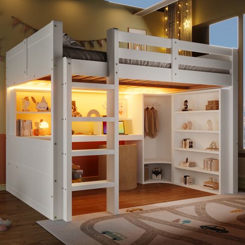 Lit Mezzanine 140x200 Cm Avec LED, 3 Tiroirs, Armoire Et Étagères à Plusieurs Niveaux Blanc
