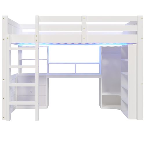 Lit Mezzanine 140x200 Cm Avec LED, 3 Tiroirs, Armoire Et Étagères à Plusieurs Niveaux Blanc