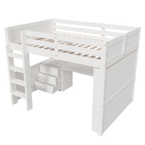 Lit Mezzanine 140x200 Cm Avec LED, 3 Tiroirs, Armoire Et Étagères à Plusieurs Niveaux Blanc