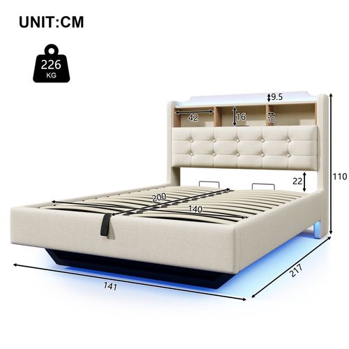 Lit Coffre 140x200 Cm Design Suspendu Avec LED Et USB Lin Beige