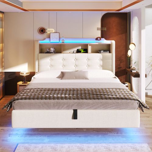 Lit Coffre 140x200 Cm Design Suspendu Avec LED Et USB Lin Beige