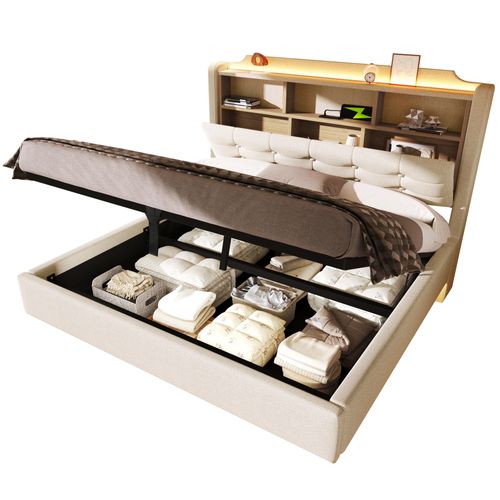 Lit Coffre 140x200 Cm Design Suspendu Avec LED Et USB Lin Beige