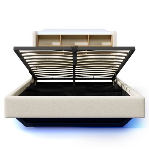Lit Coffre 140x200 Cm Design Suspendu Avec LED Et USB Lin Beige