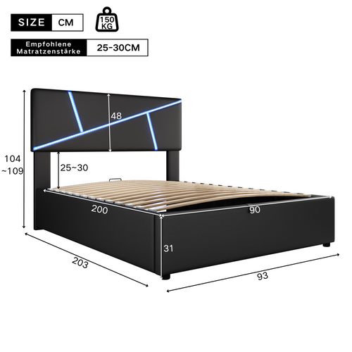 Lit Coffre 90x200 Cm Avec LED Et Sommier Pu Noir