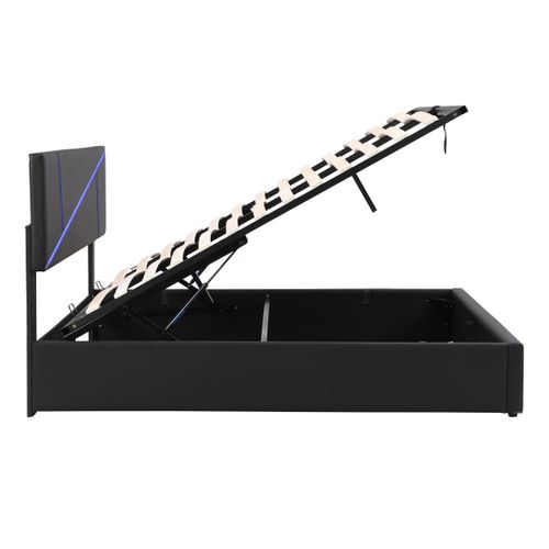 Lit Coffre 140x200 Cm Avec LED Et Sommier Pu Noir